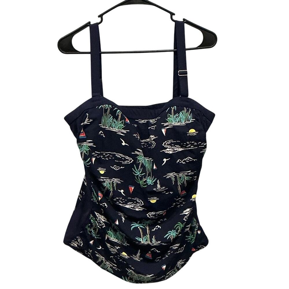 Lands End Womens Square Neck Tankini Swim‎ Top Sz 18 Navy Blue Tropical Sailboat